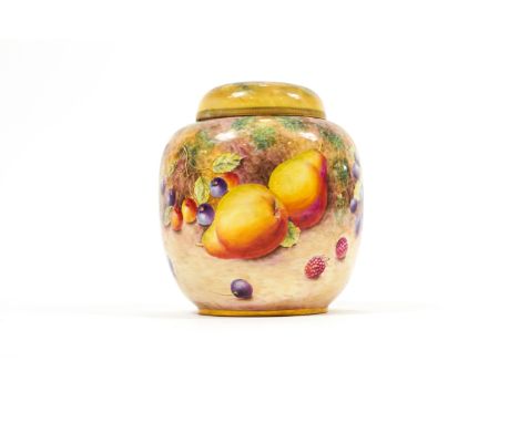 A Royal Worcester painted fruit ginger jar and cover decorated with peaches, blackberries, pears and other fruits, 18cm high,