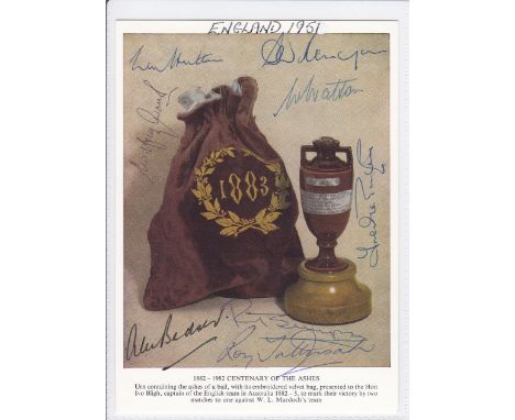 CRICKET / ENGLAND     Postcard "1882-1982 Centenary of the Ashes", autographed to front by 8 members of 1951 England side, in