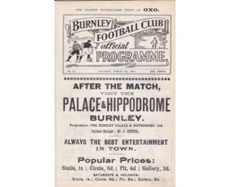 BURNLEY - BRADFORD PARK AVENUE 1915   Burnley home programme v Bradford Park Avenue, 6/3/1915, first team Division 1 game des