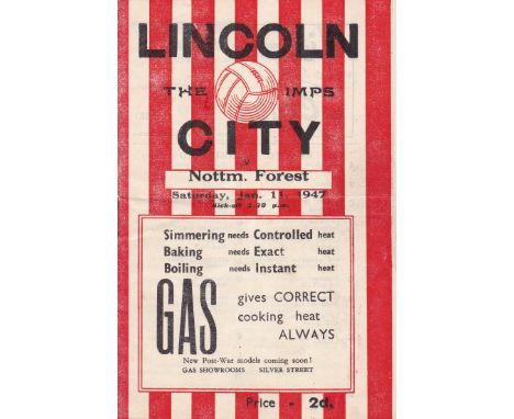 LINCOLN CITY v NOTTM FOREST     F.A Cup 3rd round tie played 11 Jan 1947, Forest won 1-0.  No writing.  Light fold.     Gener