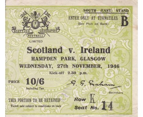 SCOTLAND - IRELAND 46     Scotland v Ireland match ticket, 27/11/46, East Stand seat at Hampden, slight creasing.   Fair-gene