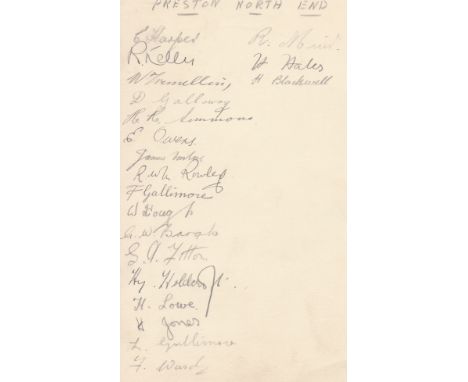 P.N.E AUTOGRAPHS     Page removed from autograph album, 20 pencil signatures of full playing staff from 1933/34 including Tre