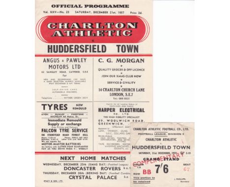 CHARLTON 7-6 HUDDERSFIELD   Programme, ticket and match report for Charlton v Huddersfield, 18/12/57 and probably the most dr