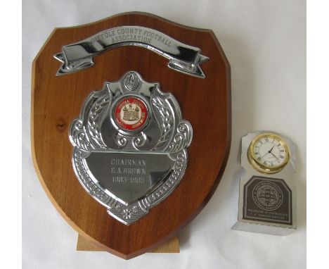 LOCAL F.A.     Two gifts from local Football Associations. A small clock on a metal stand presented by the West Riding County