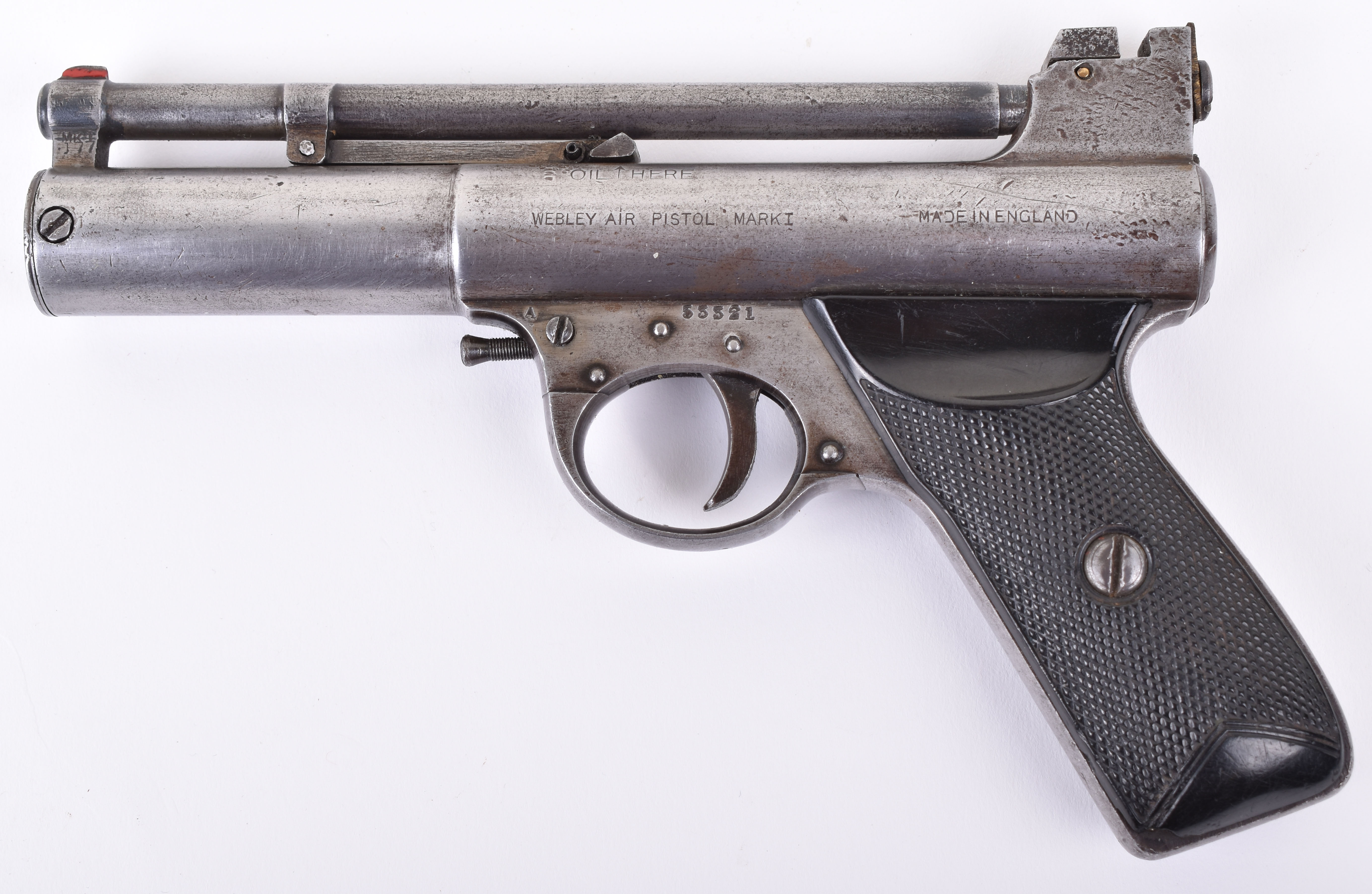 A Webley MK1 air pistol, the left side stamped Webley Air Pistol MarkI