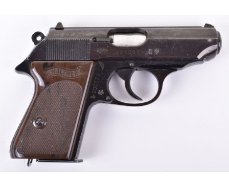 A deactivated 7.65mm ‘Model PPK’ semi-automatic Walther pistol, retained blue finish, left side of slide stamped Walther bann