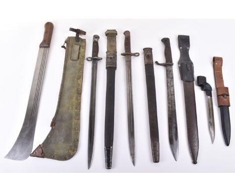 A British 1907 bayonet in scabbard, a 1913 bayonet in scabbard, a German Mauser 9805 bayonet with scabbard, and a1941 dated l