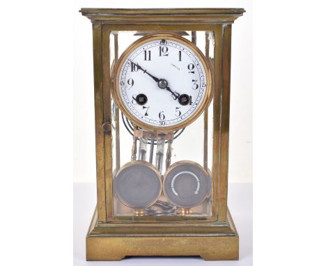 A late 19th century 8-day French made four glass brass mantle clock barometer, enamel dial with Arabic numerals, bevelled pla