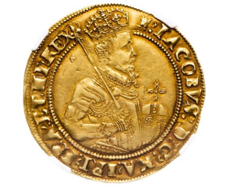 ENGLAND. James I, 1603-25. Gold unite, ND (1612-1615). London. Mintmark tower.Half-length fourth crowned bust of King James I