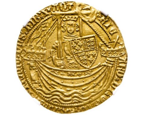 ENGLAND. Richard II, 1377-99. Gold noble, ND (1377-1399). Type IIIA. Calais. French title resumed. Rare.Crowned King standing