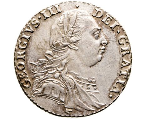 GREAT BRITAIN. George III, 1760-1820. Silver shilling, 1787. Without Hearts. Older laureate and cuirassed bust of King George