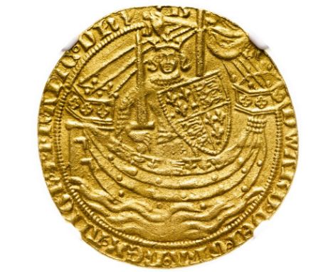 ENGLAND. Edward III, 1327-77. Gold noble, ND (1356-1361). Mintmark cross.Crowned King standing facing on ship, with sword and