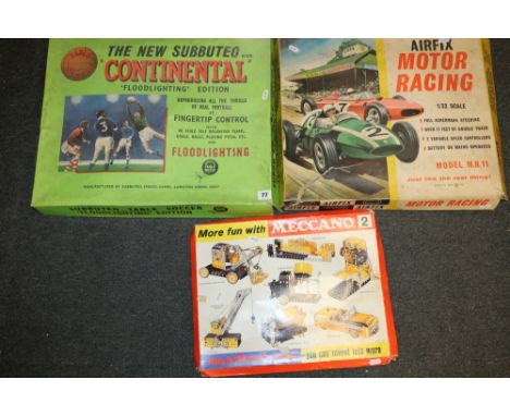 Airfix Motor Racing 1:32 scale model MR11 slot car racing set, Subbuteo table soccer Continental Floodlight edition and Mecca