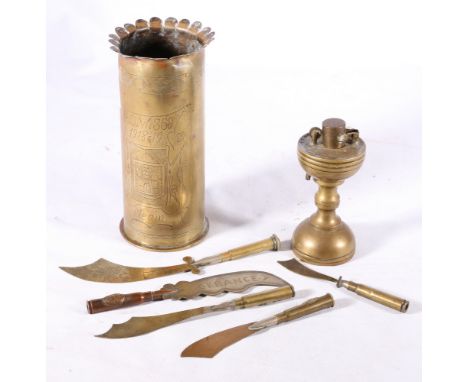 Trench art including a spill vase made form a 1917 shell with nailwork decoration "POW 369 1918-19 Menin 252140 Pte Craig", f