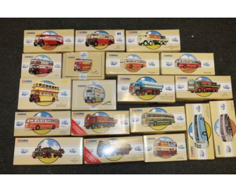 Nineteen Corgi Classics diecast model vehicles including 97179, 97327, 97317, 97170, 97162, 97917, 97942, 97021, 97171, 97174