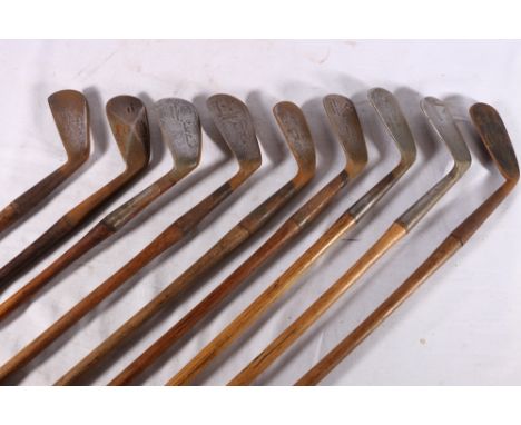 Nine hickory shafted golf clubs including D Anderson and Sons of St Andrews diamond back Glory iron, R Brodie and Sons of Ans
