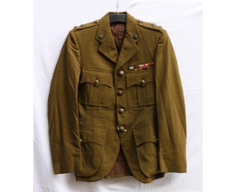 British Army green khaki dress uniform jacket with Royal Scots brass buttons by Gaunt and Son of London, collar badges and sh