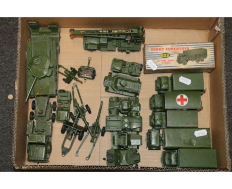 Dinky Supertoys 622 10-ton army truck boxed, 660 Mighty Antar Tank Transporter, 661 Centurion Tank, 621 3-ton army wagon, 622