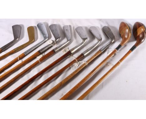 Ten hickory shafted golf clubs including Tom Whyte of Aberdeen driver, Frank Moy special driver, Direktor putter, R Baird of 