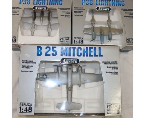 Franklin Mint 1:48 scale die-cast metal Armour Collection B11B315 B25 Mitchell USAF, B11B546 P38 Lightning and 98137 P38 Ligh