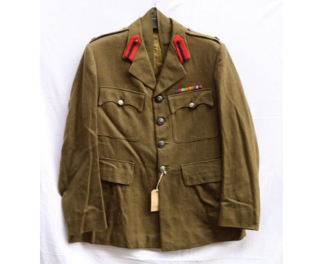 British Army green khaki dress uniform jacket with Thresher and Glenny interior pocket label "AB6934 C E J Frur? 29.11.43", w