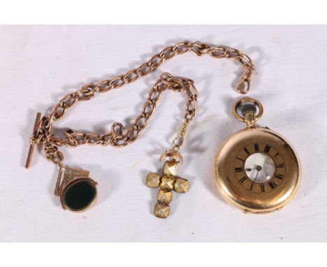 14kt gold cased half hunter pocket watch with 9ct gold curblink guard having Masonic ball cross pendant and Masonic agate swi