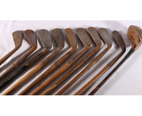 Ten hickory shafted golf clubs including Tom Jones of Llandudno mashie, Harry Swan Own Model mashie iron 18, Gaudin of Fullwe