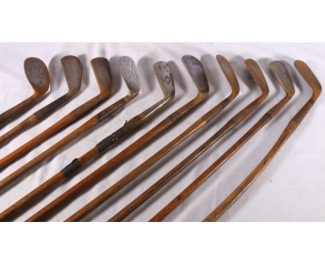 Ten hickory shafted golf clubs including Meyer and Co Calcutta Caddie Brand 1 iron, Don Curtis of Bournmouth own model 6 or 9