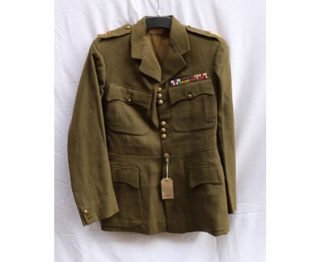 British Army green khaki dress uniform jacket with C F Johns and Pegg of London label penned "A E ?????? Esq March 19?6", hav