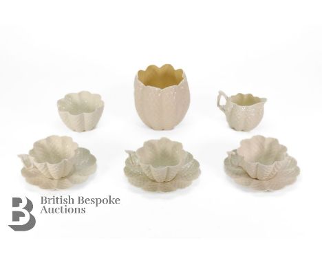 Belleek Cone tea ware, second period mark (1891-1926) comprising three D432 tea cups and three saucers, D434 sugar bowl and D