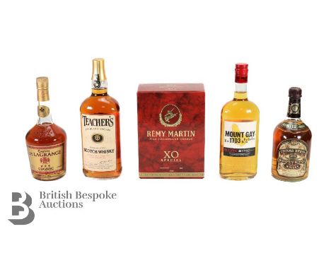 Five bottles of spirit, including a&nbsp;Rémy Martin Fine Champagne Cognac XO Special; Teacher's Highland Cream Scotch Whisky