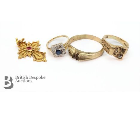 9ct yellow gold buckle ring size J together with a 9ct yellow gold mount size S, 6.75 gms, together with a 9ct gold sapphire 