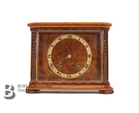 Early 20th century French walnut veneer mantel clock, having a brass chapter ring with Roman dial, G &amp; S Co brass movemen