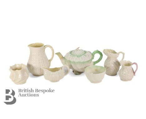 Belleek tea ware, 1st period Neptune teapot (green); first period Neptune sugar bowl (green); Tridacna creamer D480; first pe