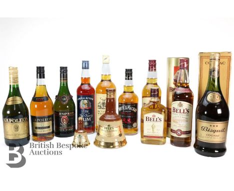 Quantity of cognac, whisky, brandy and rum, including Bisquit Cognac 1l for duty free in original box, Blended Scotch Whisky 