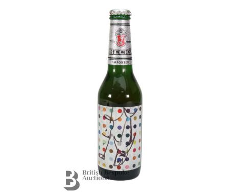 Signed Damien Hirst (b.1965 - ), Becks Beer bottle, offset lithograph 'Opium spot design is signed in ink with a sketch of hi