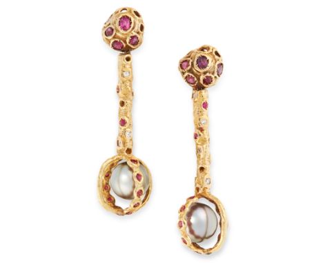 A PAIR OF TAHITIAN PEARL AND RUBY AND DIAMOND EARRINGS in 18ct yellow gold, the textured bodies set with oval cut rubies, sus