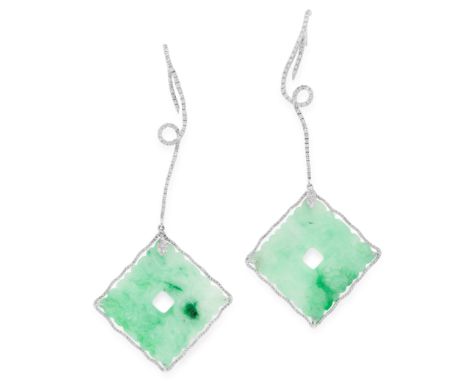 A PAIR OF JADEITE JADE AND DIAMOND DROP EARRINGS in 18ct white gold, comprising of a swirling bar, jewelled with round cut di