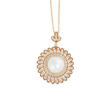 A PEARL AND DIAMOND CLUSTER PENDANT in 18ct yellow gold, comprising of a central pearl of 14mm, in an open framework border s