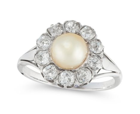 A DIAMOND AND NATURAL PEARL CLUSTER RING  in 18t white gold set with a natural pearl in a cluster of old cut diamonds, stampe