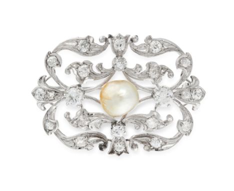 A PEARL AND DIAMOND BROOCH  in platinum, in open framework design, set with a pearl of 10.14mm and round cut diamonds, unmark