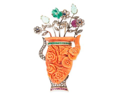 A CORAL, EMERALD, RUBY, DIAMOND AND SAPPHIRE VASE BROOCH comprising of a carved coral vase, jewelled with step cut rubies, em