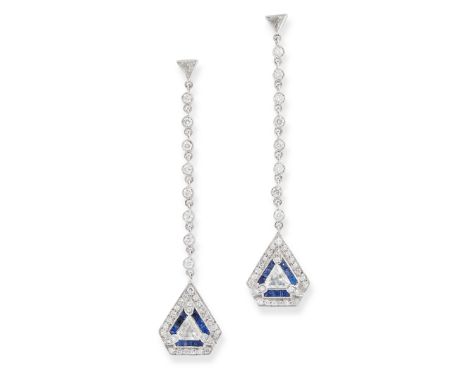 A PAIR OF DIAMOND AND SAPPHIRE EARRINGS in 18ct white gold, set with a trillion cut diamond, suspending a row of eight round 