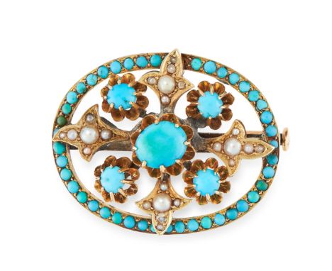 AN ANTIQUE TURQUOISE AND PEARL BROOCH in yellow gold, in open framework design, set with cabochon turquoise and pearls, unmar