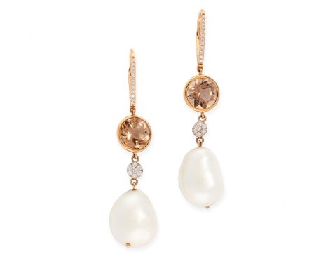 A PAIR OF PEARL, SMOKY QUARTZ AND DIAMOND EARRINGS in 18ct rose gold, the sleeper hook set with round cut diamonds, suspendin