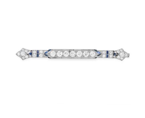 A DIAMOND AND SAPPHIRE BAR BROOCH set with round cut diamonds totalling approximately 1.30 carats and step cut sapphires, unm