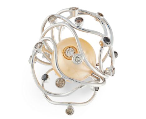 A GOLDEN PEARL AND DIAMOND DRESS RING in 18ct white gold, in abstract design, set with a central golden pearl set with a cent