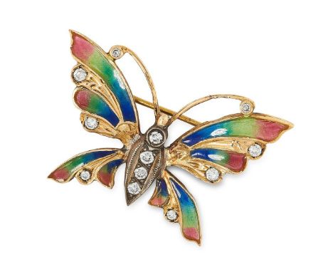 AN ANTIQUE DIAMOND AND ENAMEL BUTTERFLY BROOCH in yellow gold, set with round cut diamonds and decorated with red, blue and g