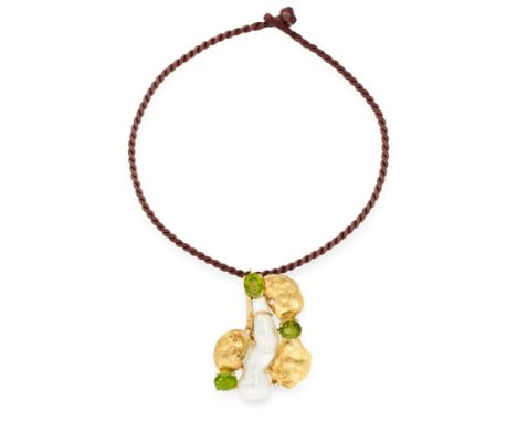 A PEARL, PERIDOT AND DIAMOND PENDANT AND CHAIN in 18ct yellow gold, comprising of an abstract pendant, jewelled with a centra