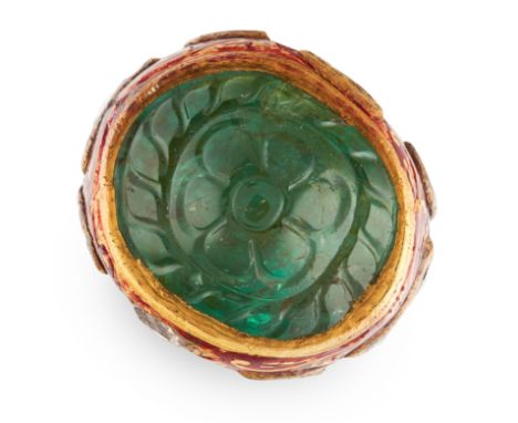 AN ANTIQUE EMERALD, DIAMOND AND ENAMEL RING, INDIAN in high carat yellow gold, set with a Mughal carved emerald of 24mm, flat